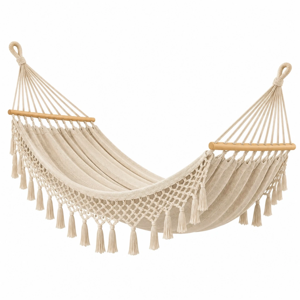 Amaca in cotone beige 300 x 100 cm con frange stile boho