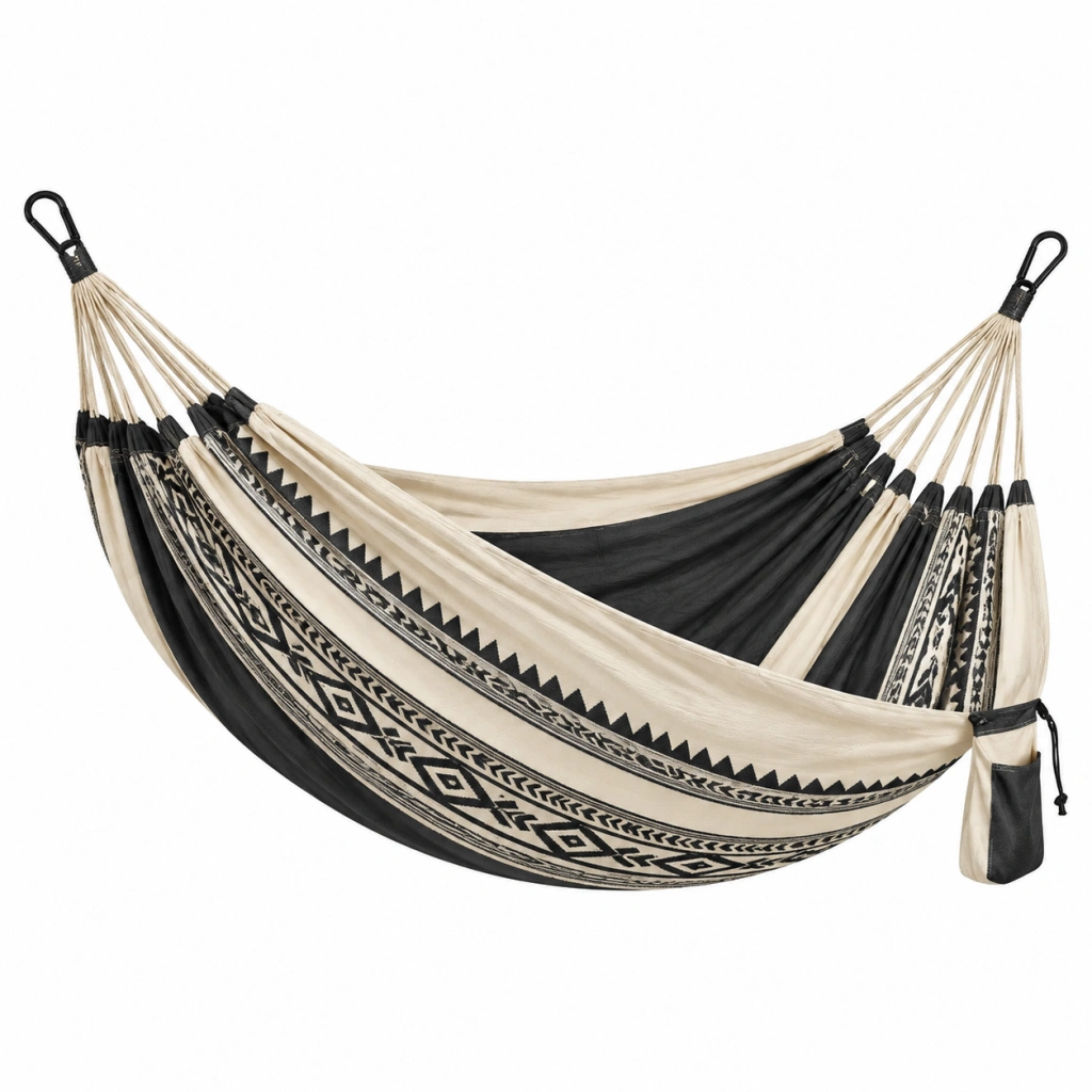 Amaca 200 x 150 cm in cotone nero e beige con tasca laterale