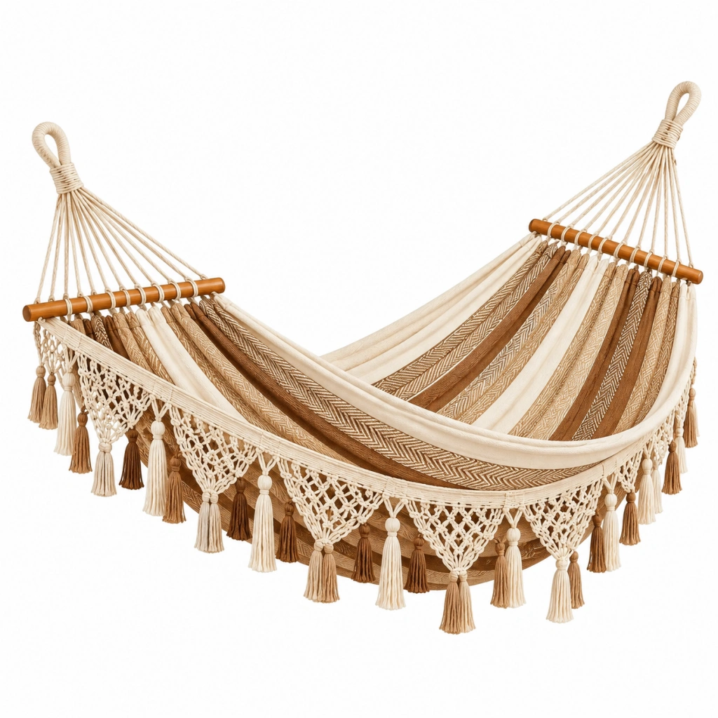 Amaca 200 x 120 cm in cotone crema e marrone con barre in legno - stile boho da giardino