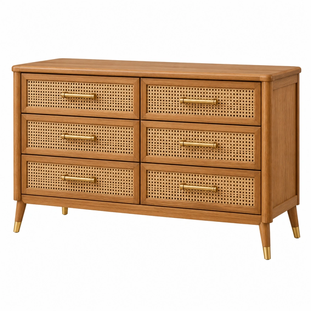 Cassettiera 120 x 40 x 80 cm in legno e rattan marrone con 6 cassetti stile retrò