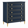 Cassettiera 90 x 45 x 110 cm in legno blu navy con dettagli dorati - 5 cassetti stile classico