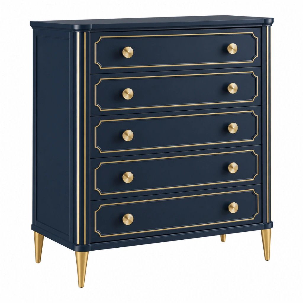 Cassettiera 90 x 45 x 110 cm in legno blu navy con dettagli dorati - 5 cassetti stile classico