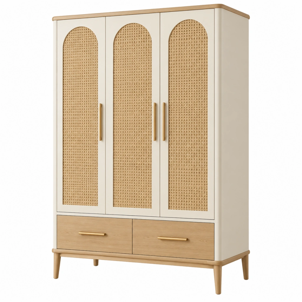 Armadio 120 x 55 x 200 cm in legno beige con ante in rattan stile naturale