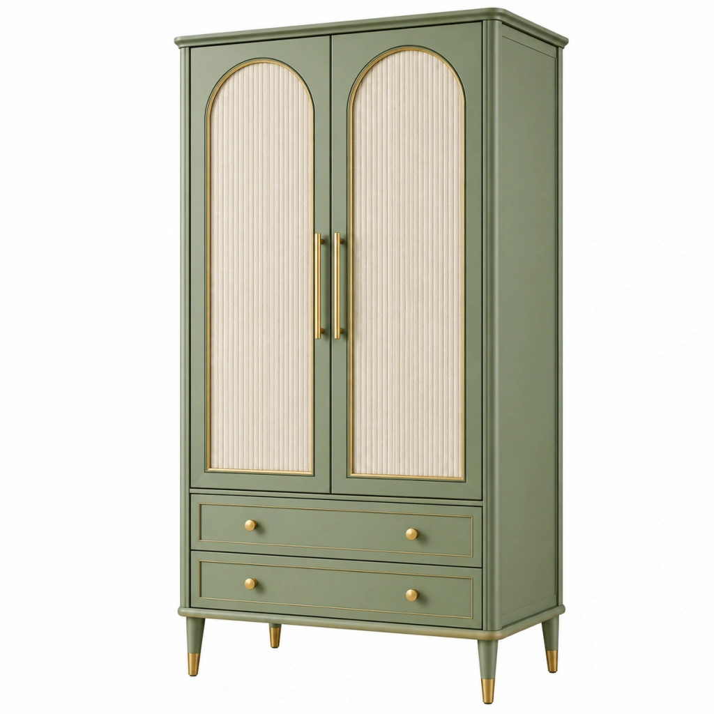 Armadio 100 x 55 x 190 cm in legno verde salvia e beige con 2 ante e 2 cassetti stile classico