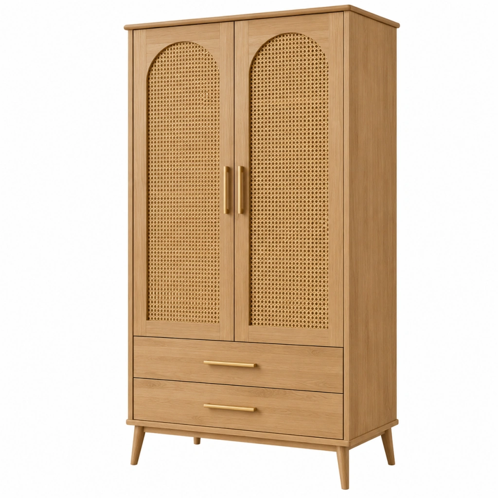 Armadio 90 x 45 x 180 cm in legno naturale e rattan con 2 ante e 2 cassetti stile retrò