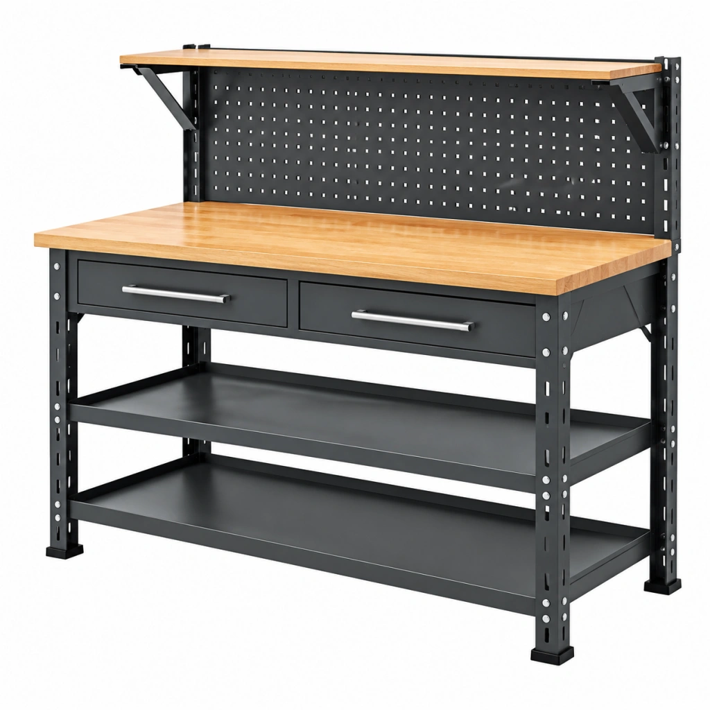 Banco da lavoro 120 x 60 x 150 cm in metallo nero e legno con pannello portautensili e cassetti