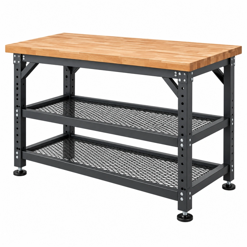 Banco da lavoro 152 x 61 x 91 cm in legno e acciaio nero stile industriale con ripiani