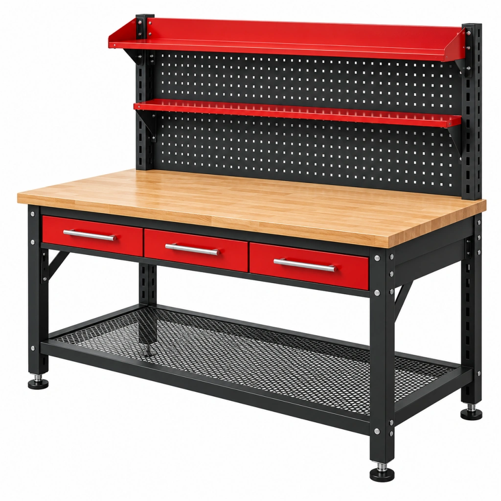 Banco da lavoro 120 x 60 x 155 cm in acciaio nero e rosso con piano in legno e cassetti