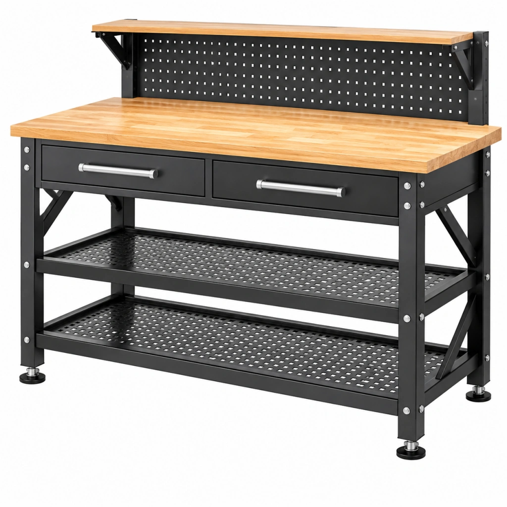 Banco da lavoro 152 x 61 x 155 cm in legno e metallo nero naturale con cassetti ripiani e pannello portautensili