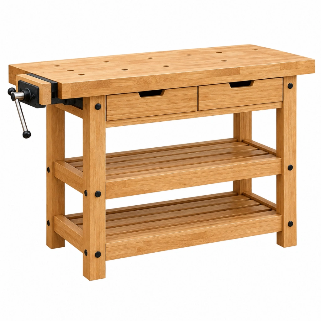 Banco da lavoro 150 x 65 x 90 cm in legno naturale con morsa e cassetti stile classico