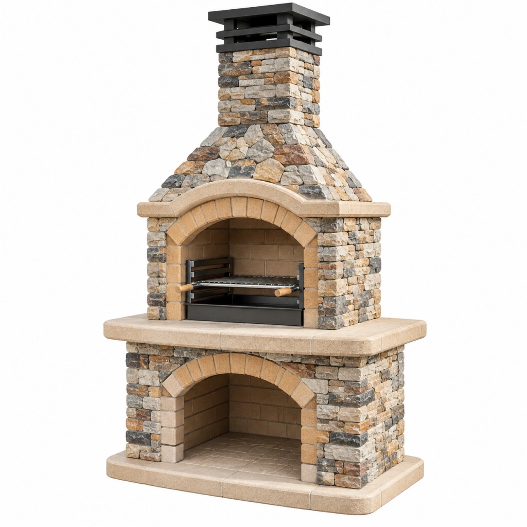 Barbecue da giardino 150 x 80 x 250 cm in pietra multicolore con griglia in acciaio stile rustico