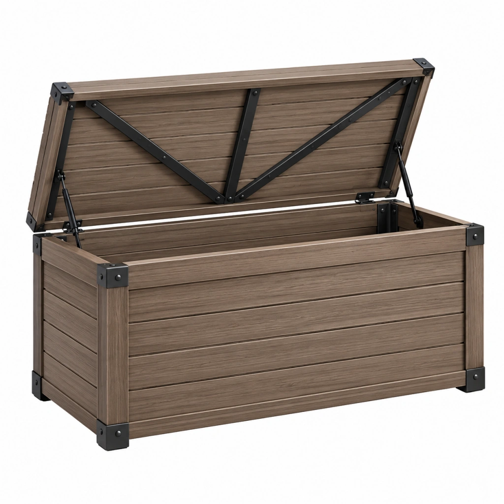 Cassapanca da esterno 120 cm effetto legno marrone con coperchio sollevabile stile industriale