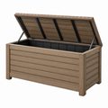 Baule da giardino 120 x 60 x 63 cm in plastica effetto legno marrone con coperchio sollevabile