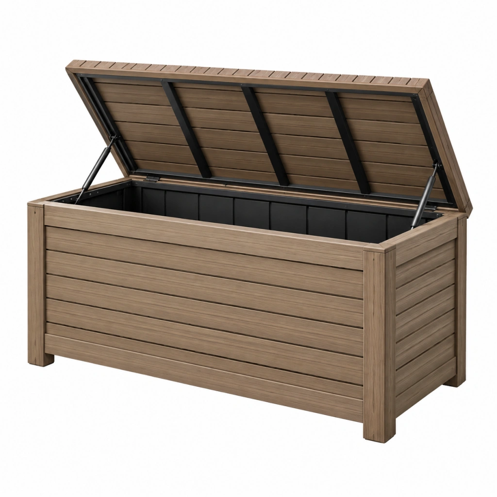 Baule da giardino 120 x 60 x 63 cm in plastica effetto legno marrone con coperchio sollevabile
