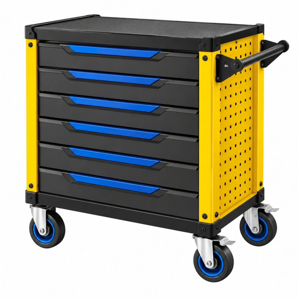 Carrello portautensili 77 x 46 x 97 cm in acciaio nero giallo blu con 6 cassetti e ruote