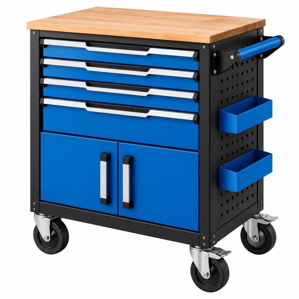 Carrello portautensili 77 x 46 x 96 cm in acciaio blu e nero con piano in legno su ruote