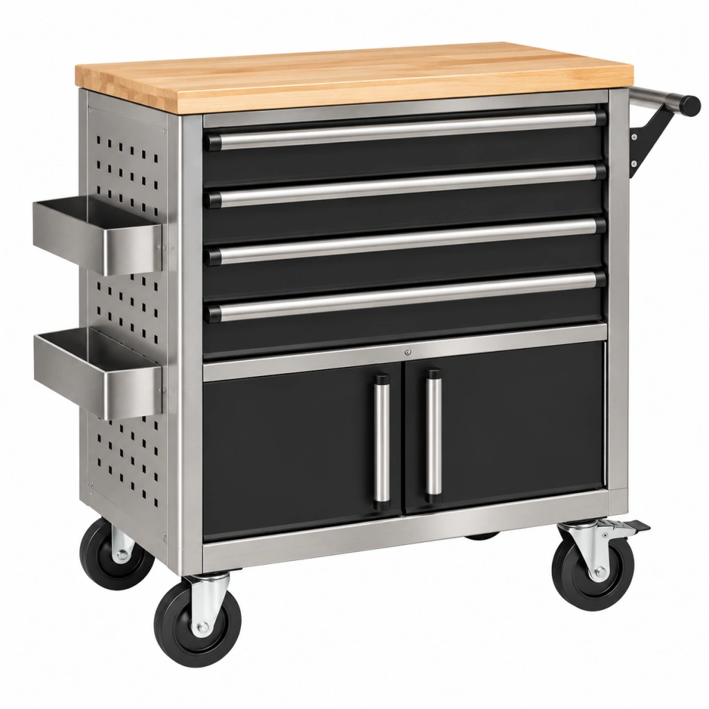 Carrello portautensili 100 x 50 x 95 cm in acciaio inox nero con piano in legno e ruote