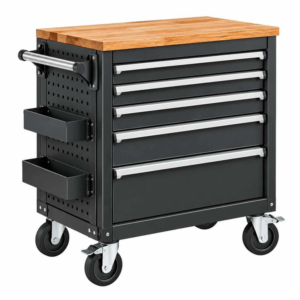 Cassettiera portautensili 77 x 46 x 94 cm in acciaio nero con piano in legno e ruote