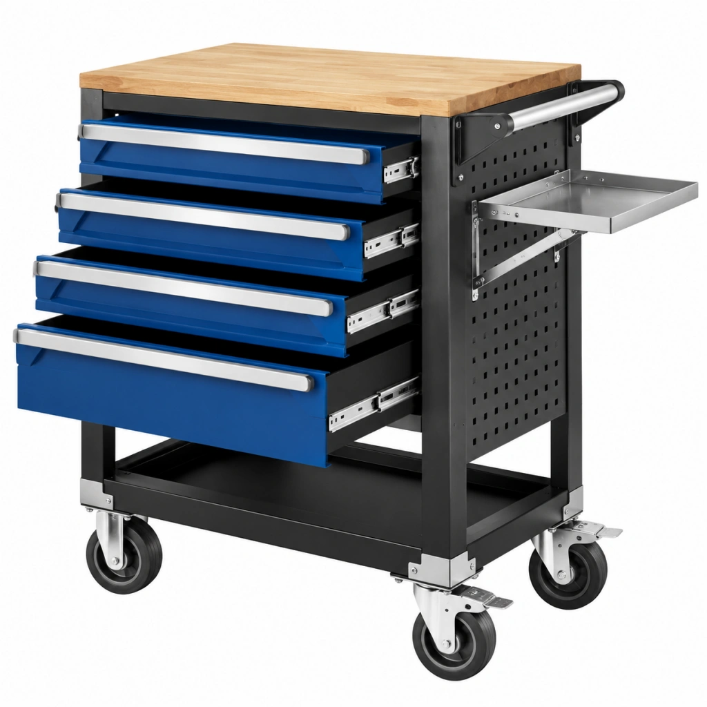 Carrello portautensili 77 x 46 x 97 cm in acciaio nero e blu con piano in legno e 4 cassetti