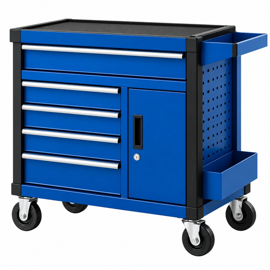 Carrello portautensili 80 x 45 x 95 cm in acciaio blu e nero con 5 cassetti e ruote