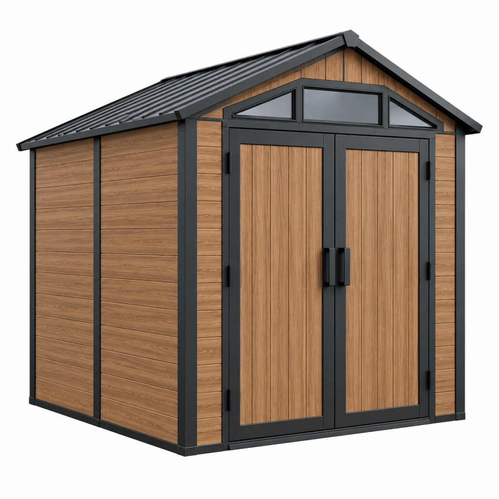 Casetta da giardino 240 x 180 x 220 cm effetto legno marrone con struttura nera e doppia porta