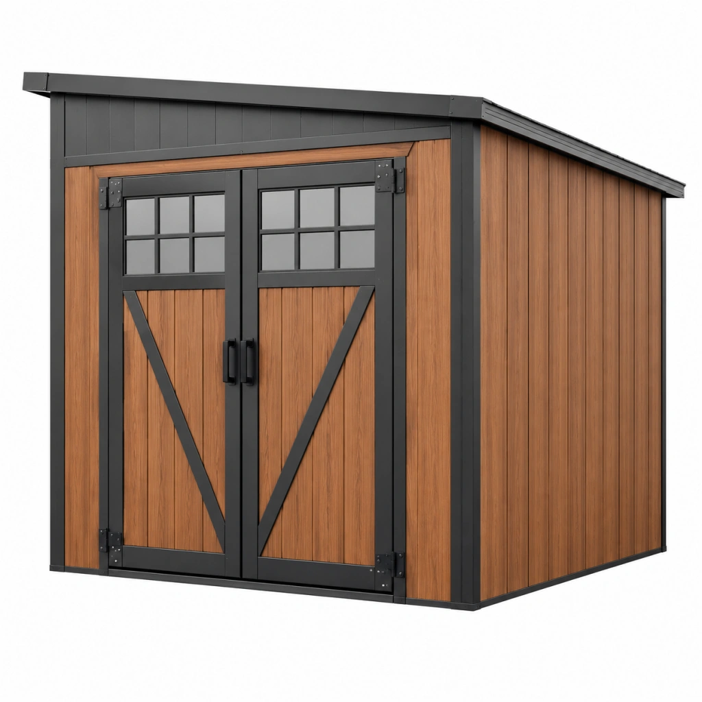 Casetta da giardino 180 x 120 x 190 cm in plastica effetto legno marrone e nero con doppia porta