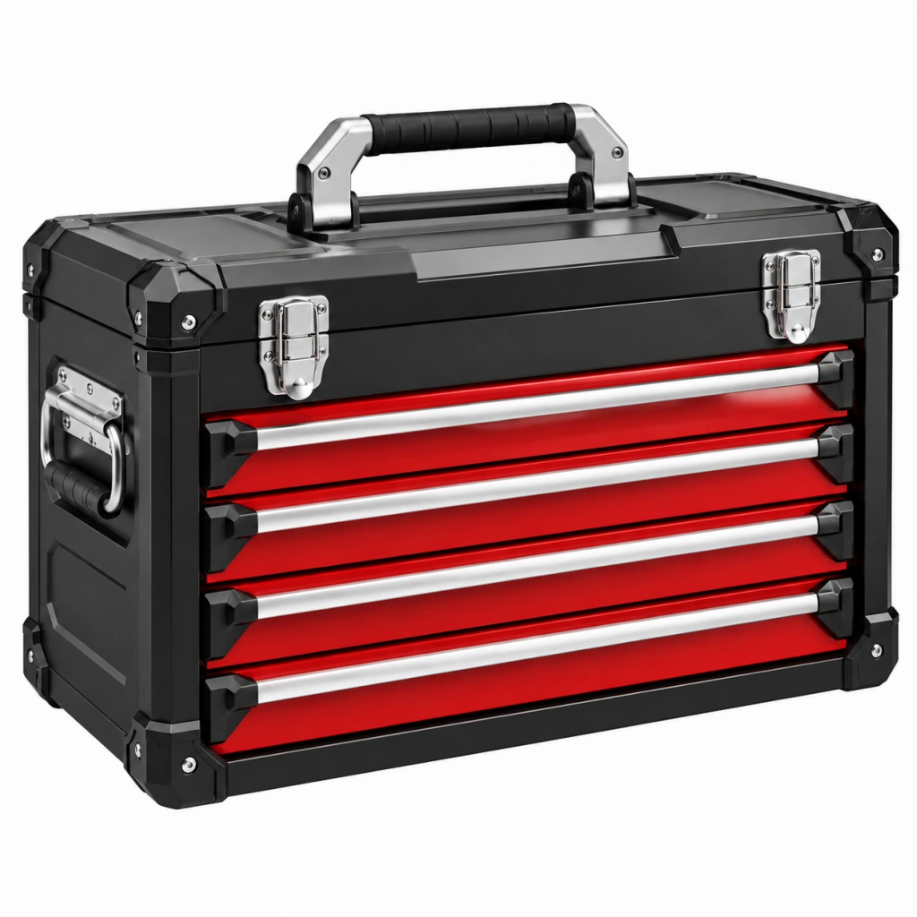 Cassetta portautensili 60 x 30 x 40 cm in metallo nero e rosso con 4 cassetti