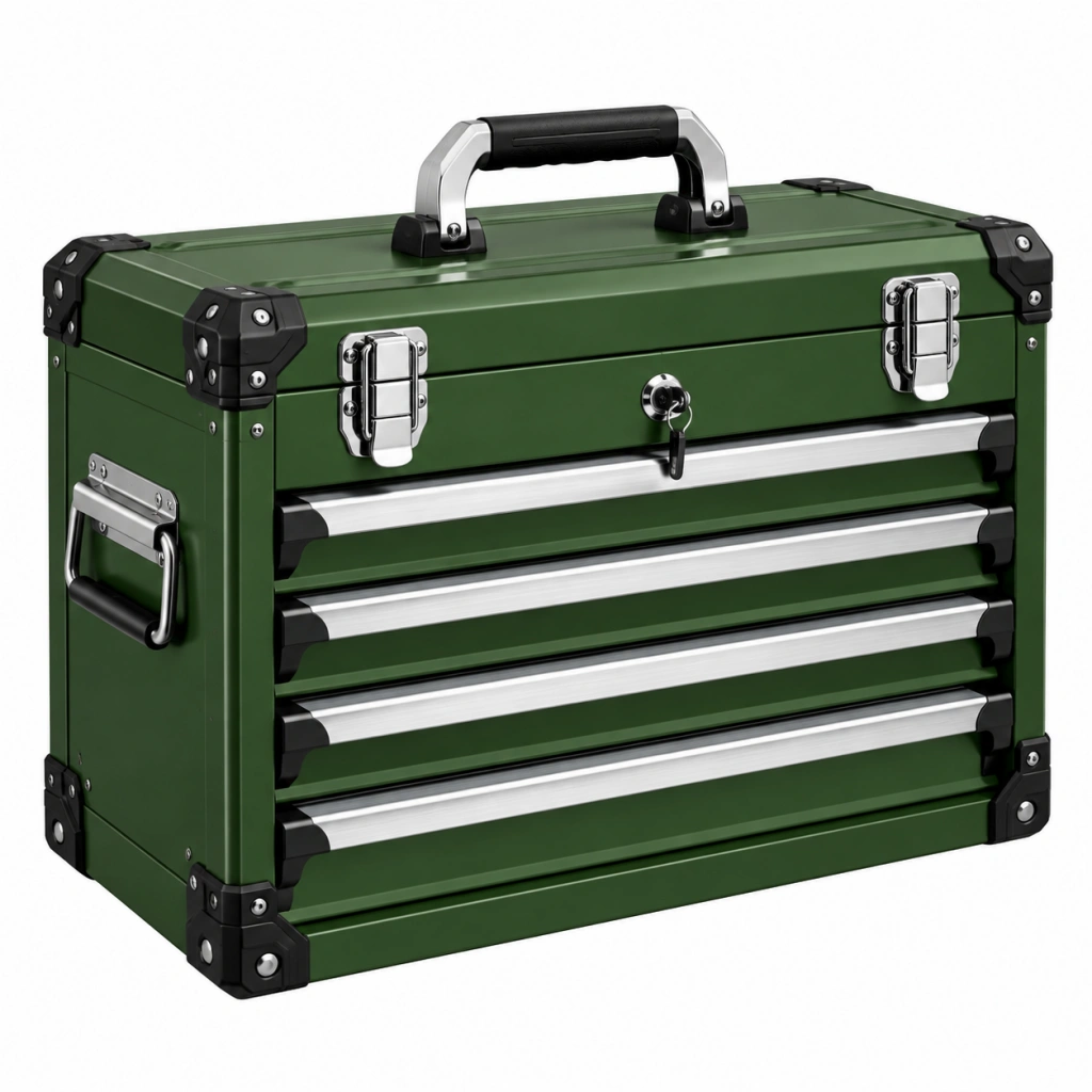 Cassetta portautensili 52 x 28 x 39 cm in metallo verde con 4 cassetti e serratura