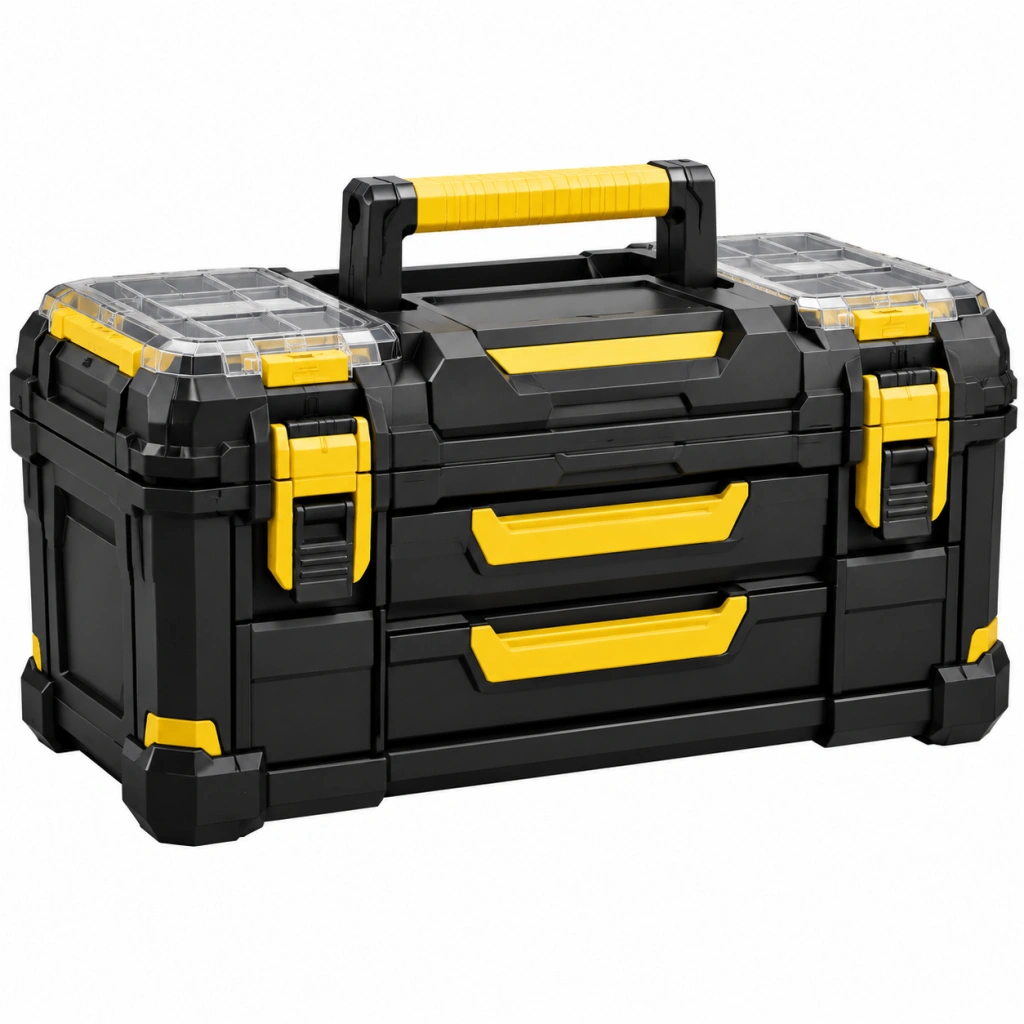 Cassetta portautensili 55 x 28 x 30 cm in plastica nera e gialla con cassetti e scomparti